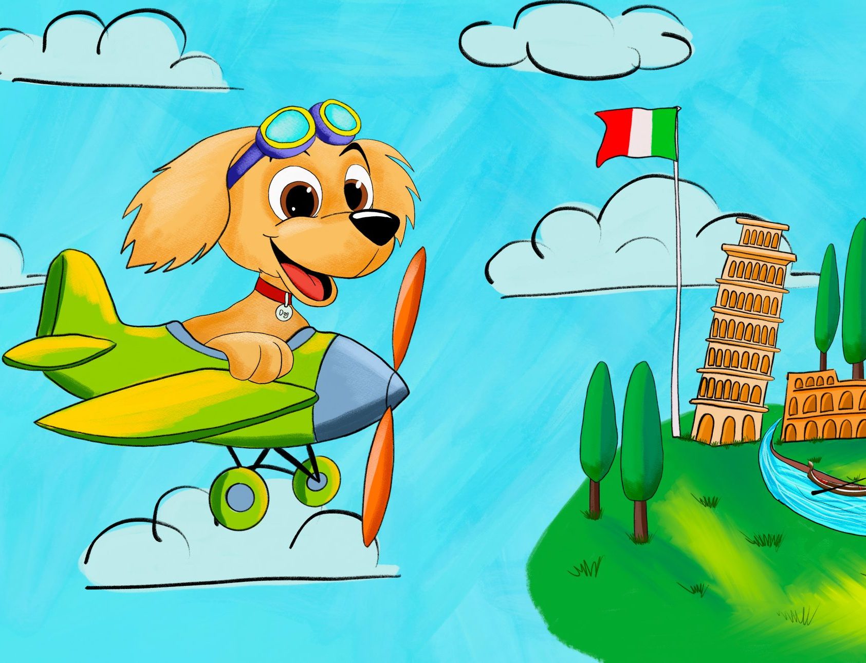 Cartoon dog piloting a plane over scenic Italy, with rolling hills and historic landmarks visible below.