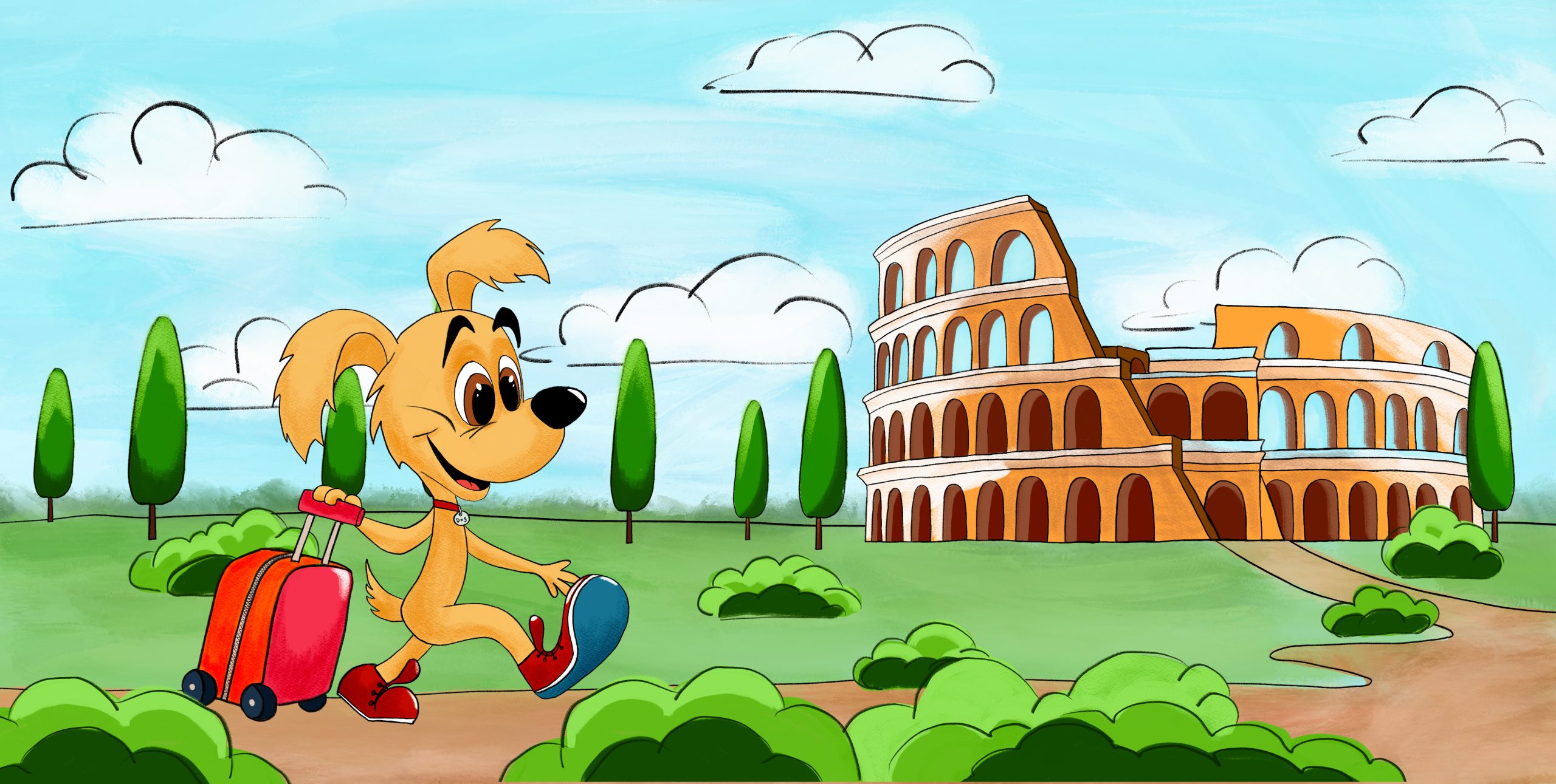 A cartoon dog with a suitcase poses in front of the Colosseum, symbolizing travel and exploration.