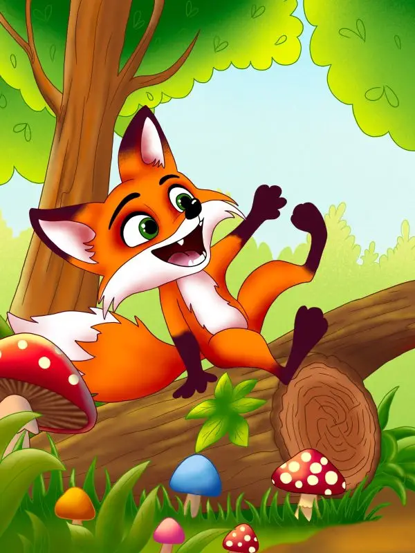 In a vibrant forest, a fox framed by tall trees and soft, filtered light.
