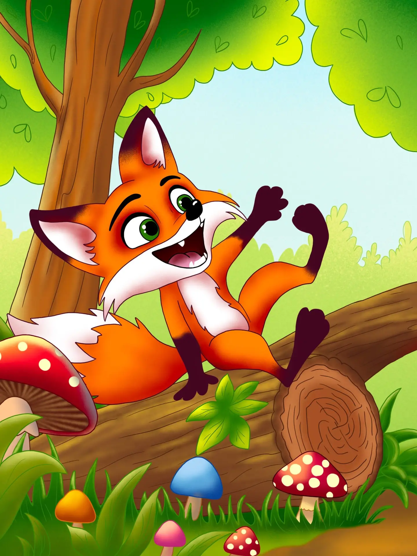 In a vibrant forest, a fox framed by tall trees and soft, filtered light.