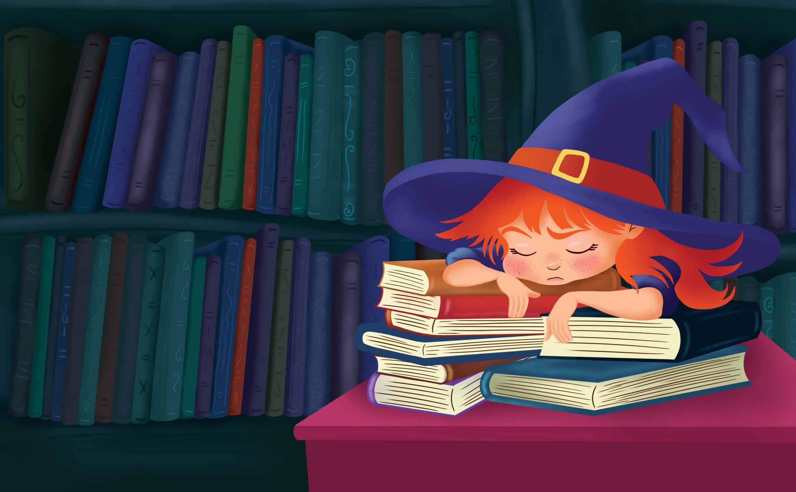 little witch Wikcy is asleep on top of books, tired from learning the new spells.