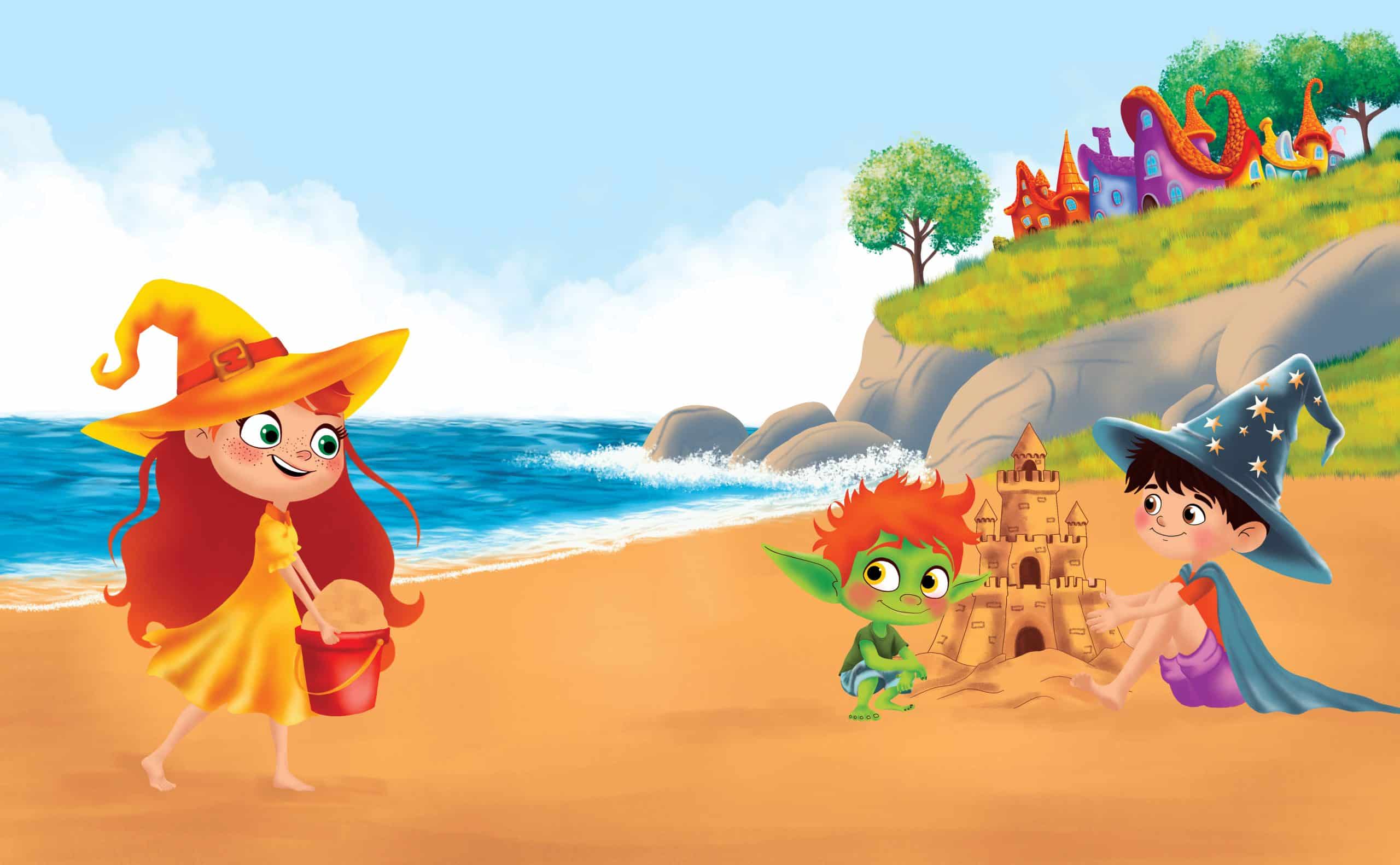 Little witch Wicky is happy to build sand castles with her friends.