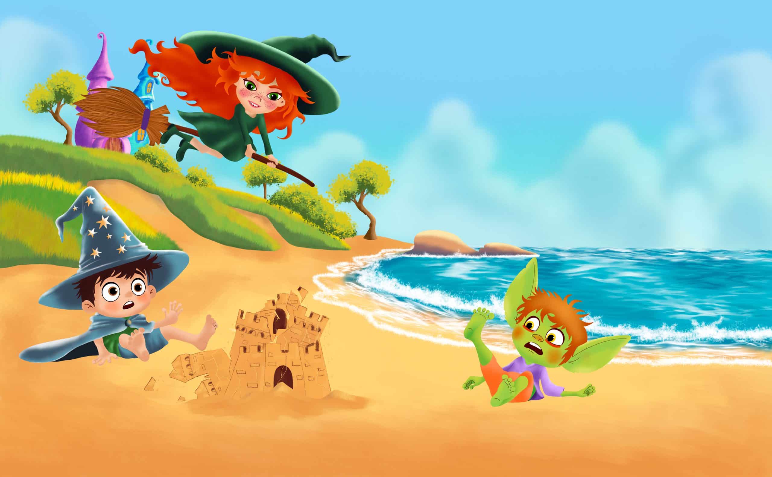 Little witch Wicky flies her broom too close and ruins the sand castle that her friends have built.