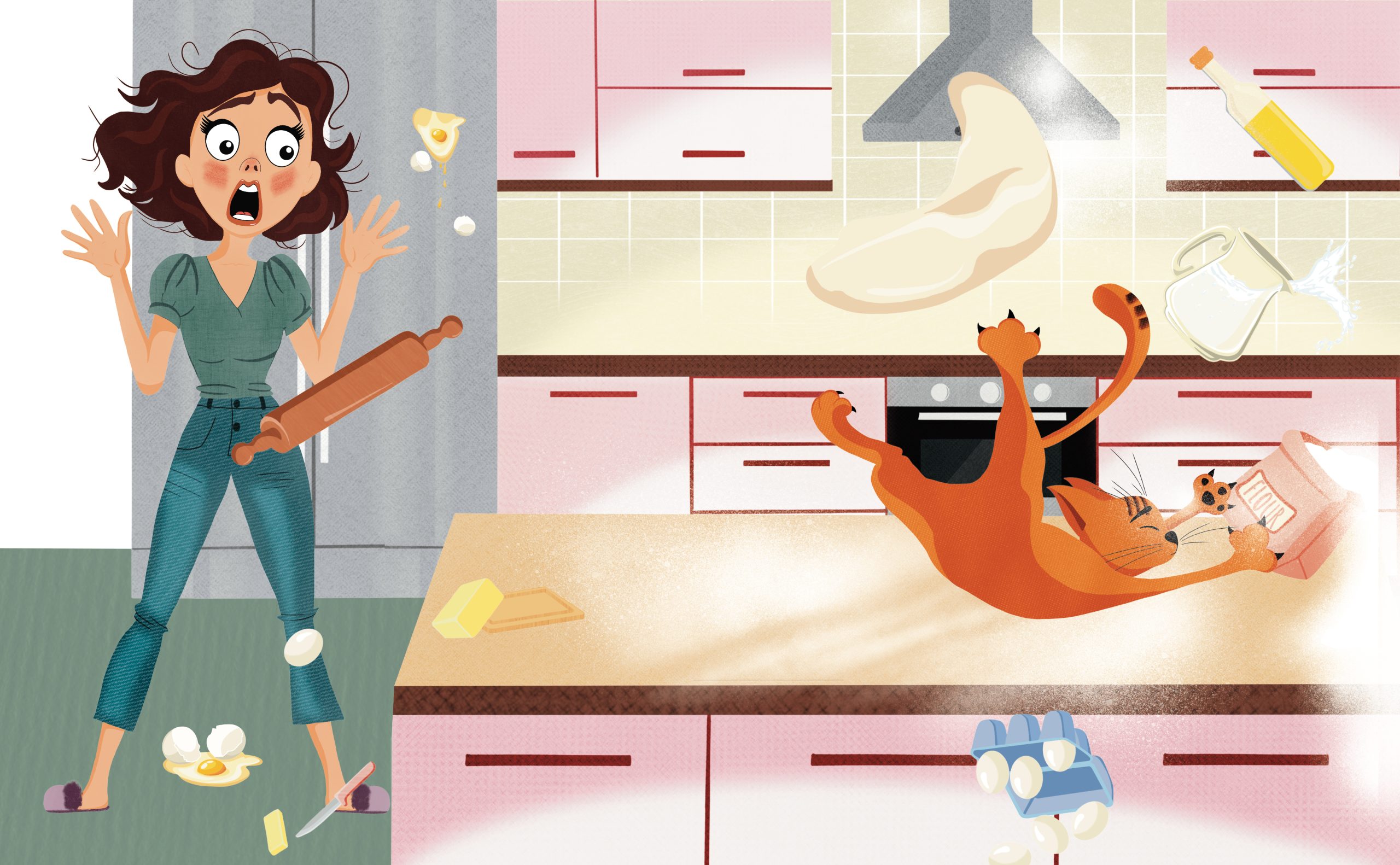Cat is making mess in the kictchen, mom is shocked