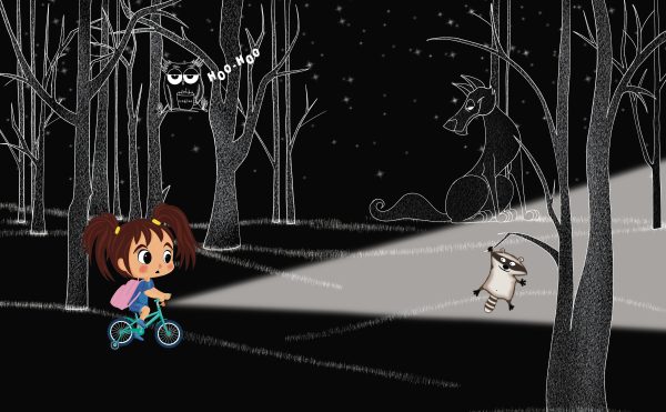 Little girl on the bike is riding in the dark forest, her flashlight is on