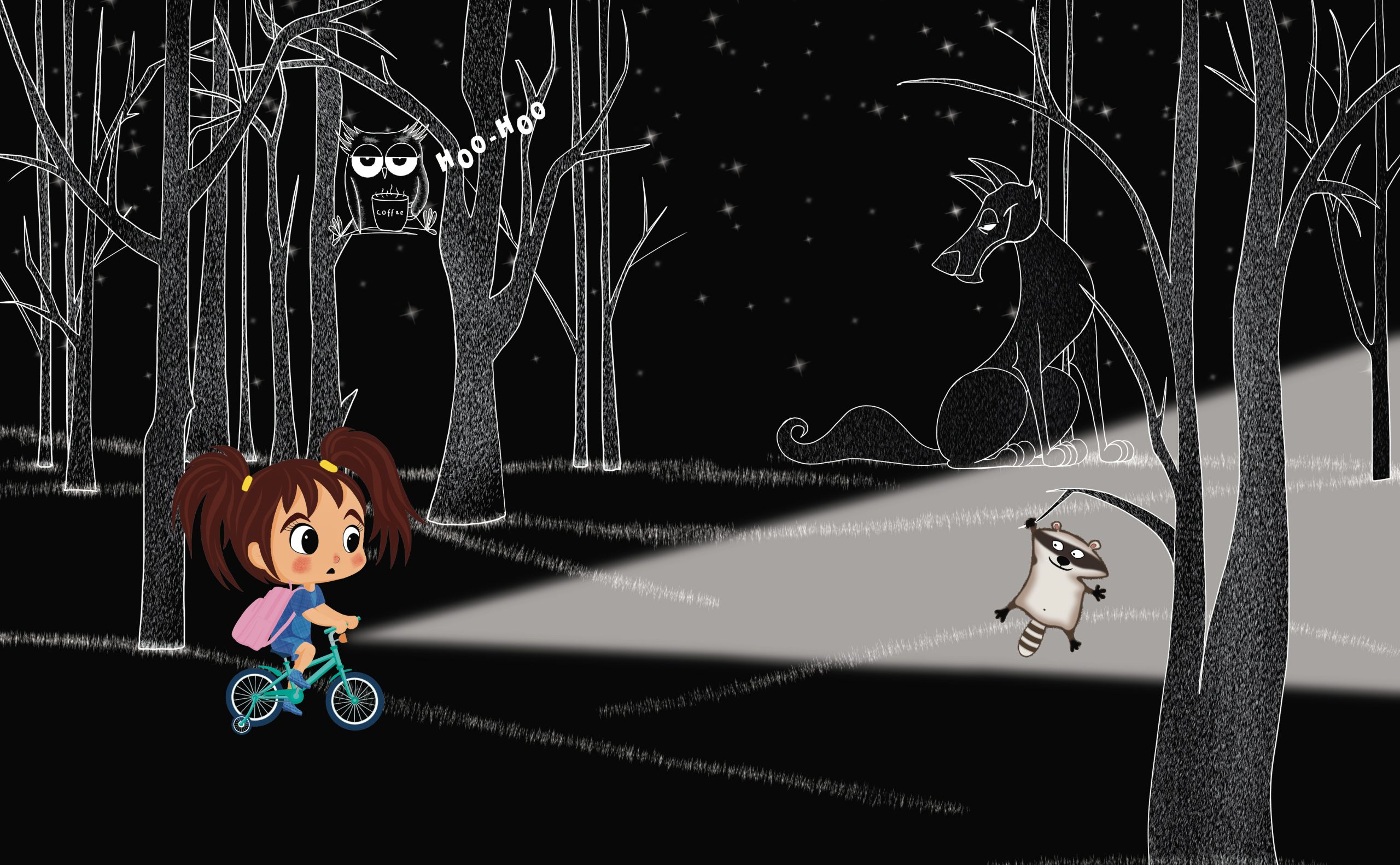 Little girl on the bike is riding in the dark forest, her flashlight is on