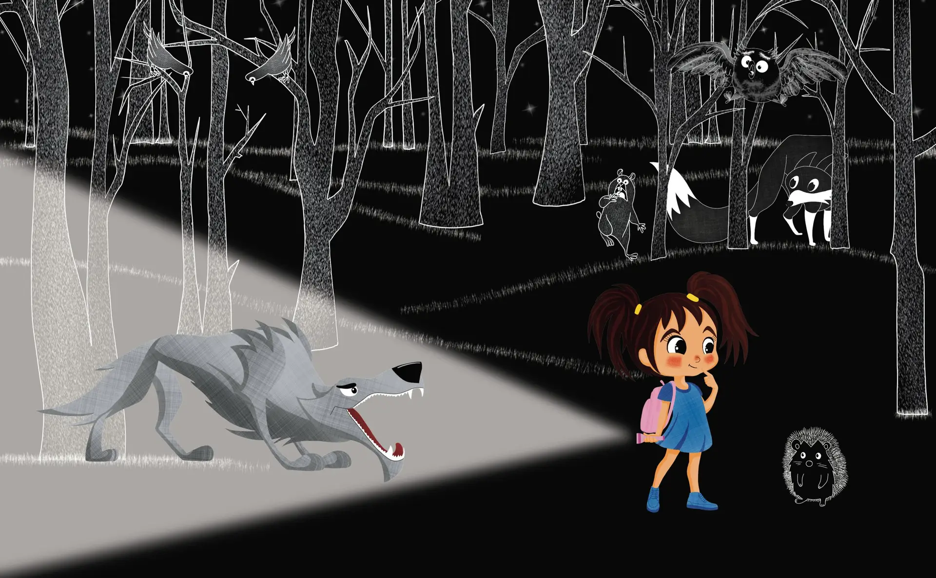 Little girl in the dark forest does not suspect there is a big gray wolf behind her.